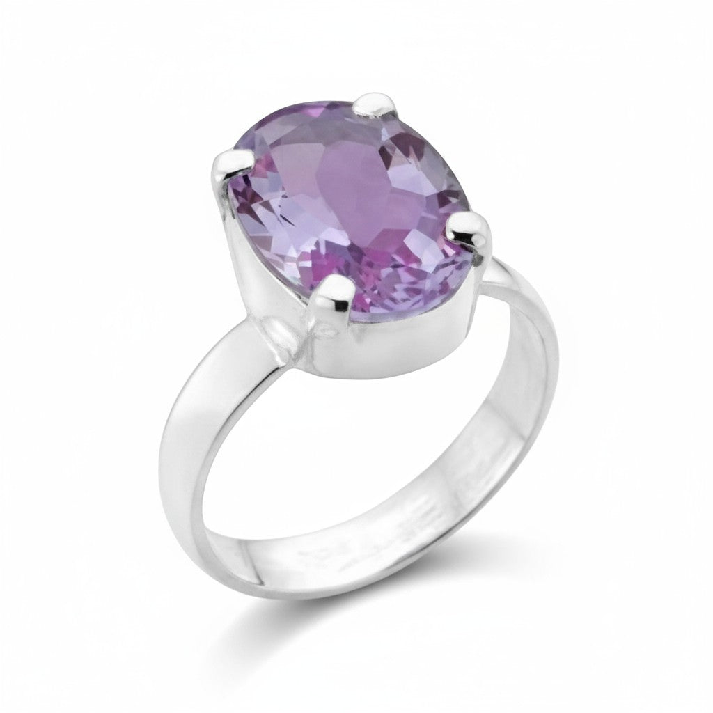 Amethyst Faceted Oval Claw Set Ring in Silver