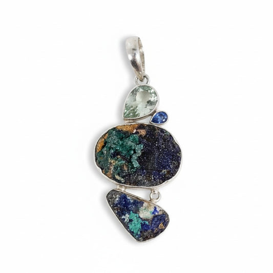 Azurite Malachite Green Amethyst Aquamarine FreeForm Pendant