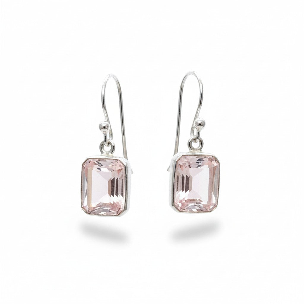 Rose Quartz Rectangle Faceted Silver Earrings