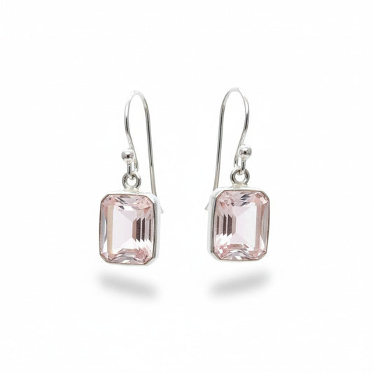 Rose Quartz Rectangle Faceted Silver Earrings