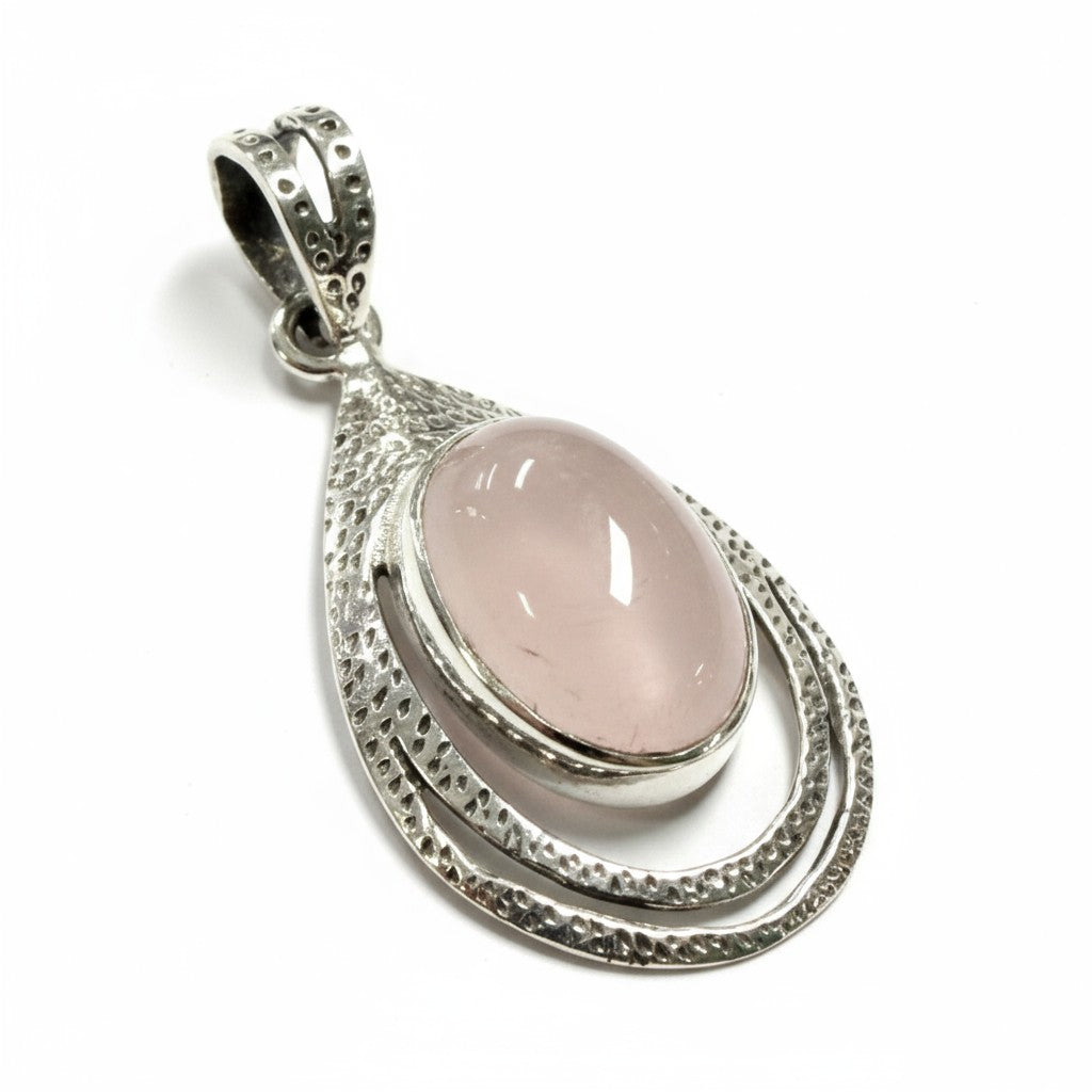 Rose Quartz Hammered Silver Oval Pendant