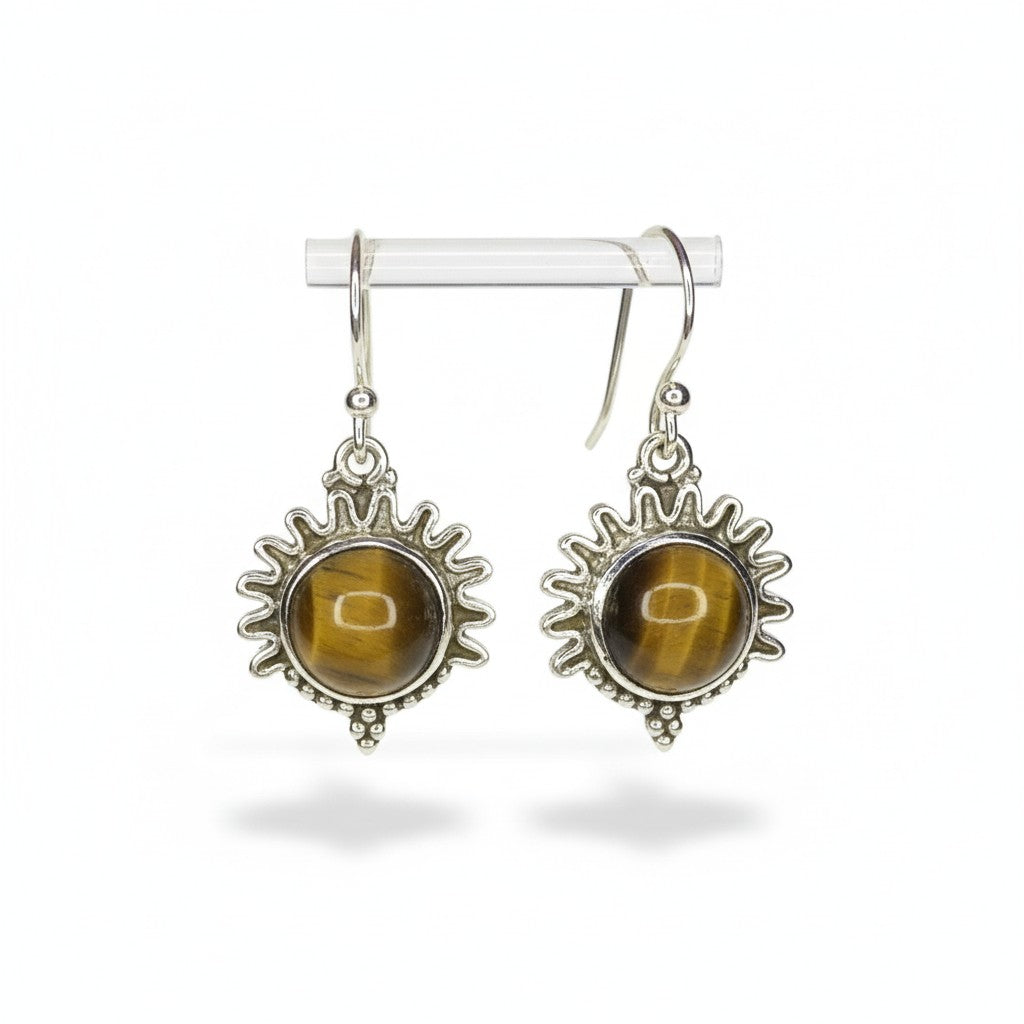 Tiger Eye Sun Silver Earrings