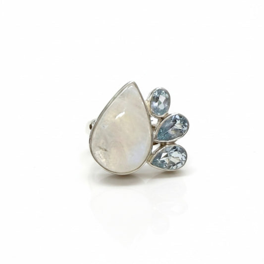 Rainbow Moonstone & Blue Topaz Ring in Silver