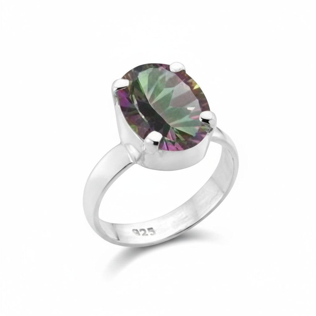 Mystic Quartz Faceted Oval Claw Set Ring in Silver
