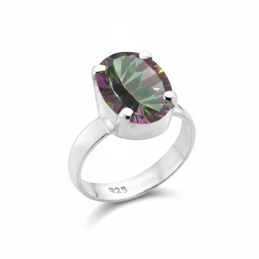 Mystic Quartz Faceted Oval Claw Set Ring in Silver