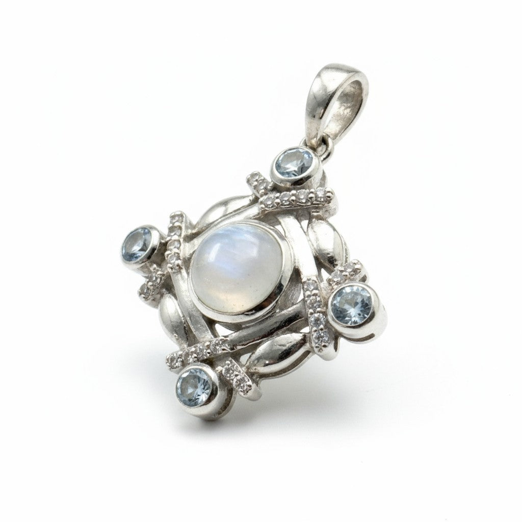 Rainbow Moonstone and Aquamarine Celtic Knot Silver Pendant