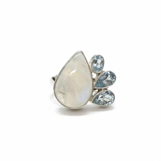 Rainbow Moonstone & Blue Topaz Ring in Silver Rings