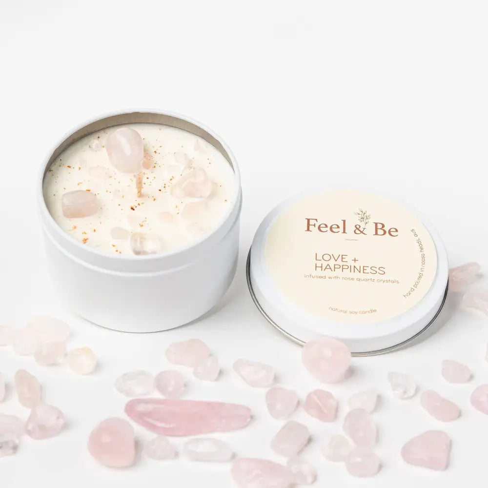 Rose Quartz Candle - HAPPINESS AND LOVE - Japanese Honeysuckle: Glass (comes in a box) crystal candle