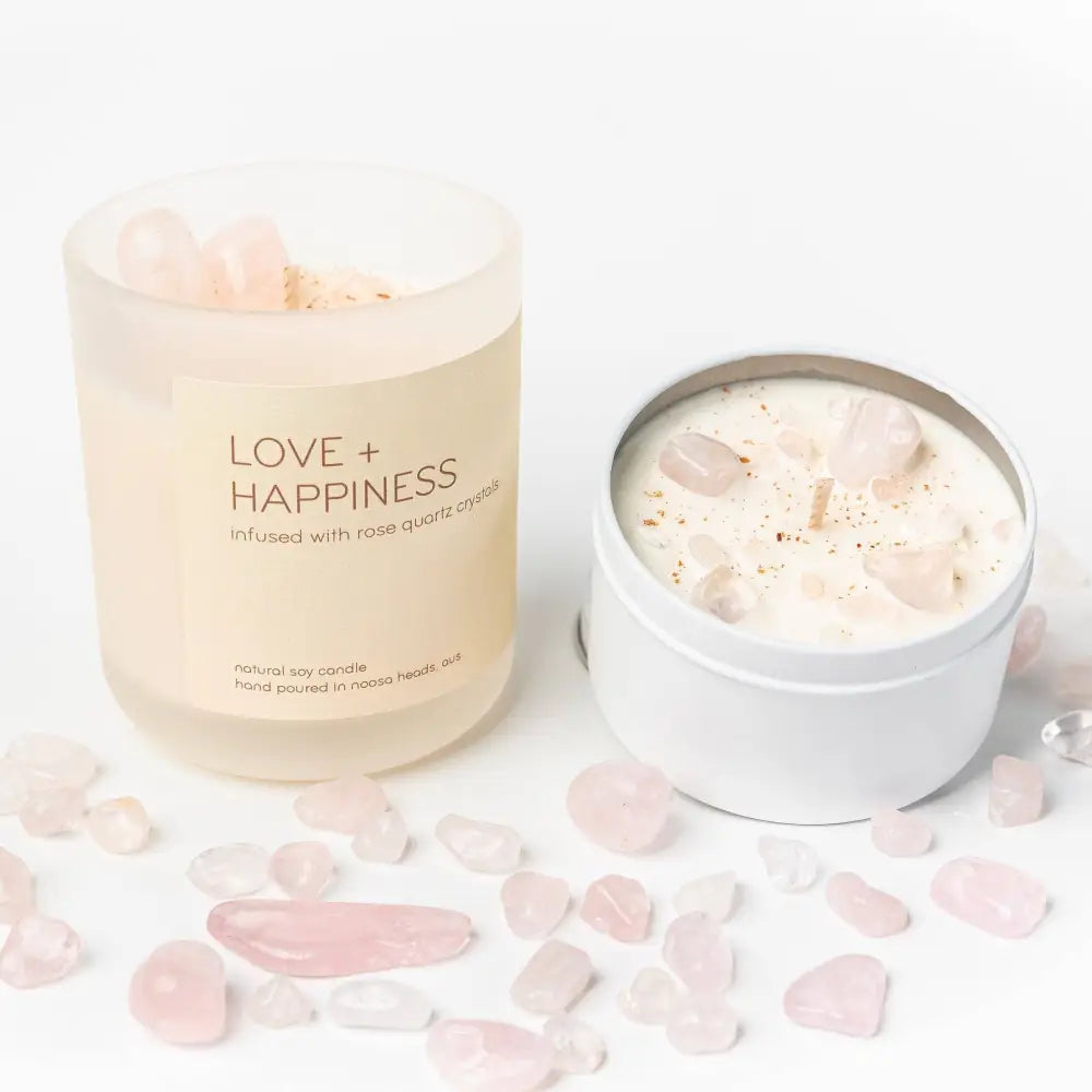Rose Quartz Candle - HAPPINESS AND LOVE - Japanese Honeysuckle: Glass (comes in a box) crystal candle