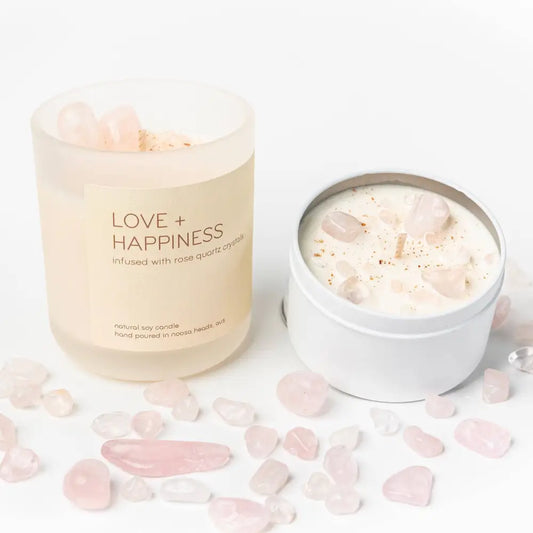 Rose Quartz Candle - HAPPINESS AND LOVE - Japanese Honeysuckle: Glass (comes in a box) crystal candle