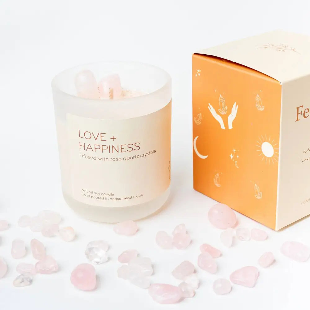 Rose Quartz Candle - HAPPINESS AND LOVE - Japanese Honeysuckle: Glass (comes in a box) crystal candle