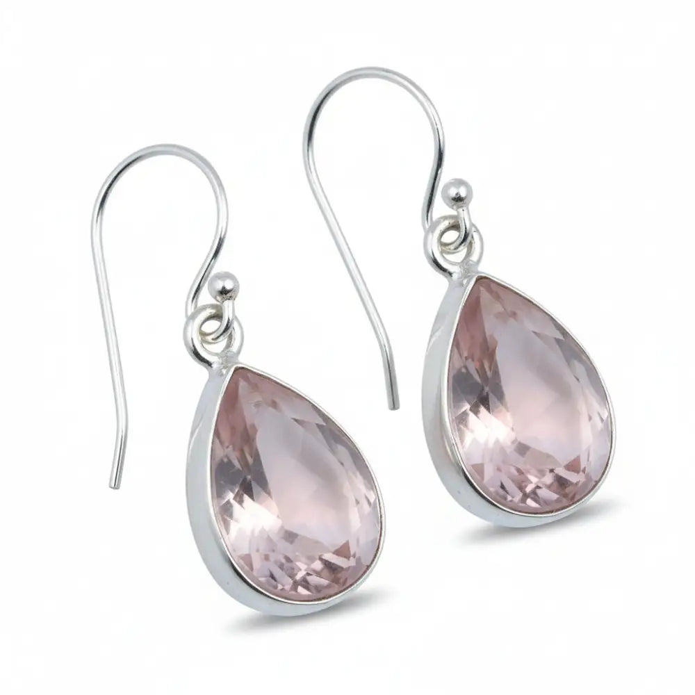Rose Quartz Faceted Teardrop Silver Earrings Earrings