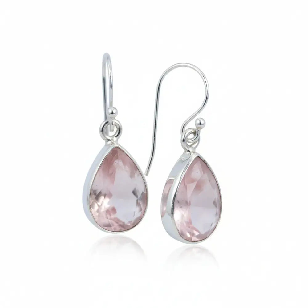 Rose Quartz Faceted Teardrop Silver Earrings Earrings