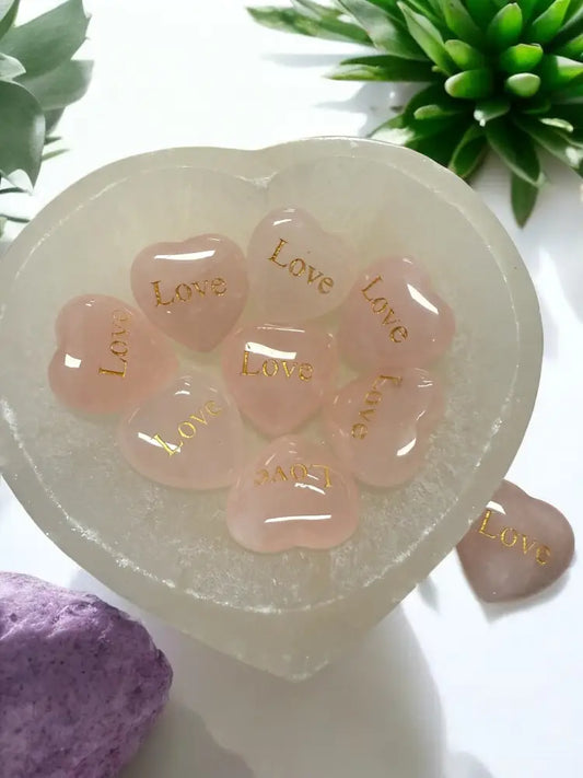 Rose Quartz Hearts With LOVE in Gold