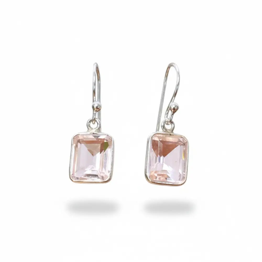 Rose Quartz Rectangle Faceted Silver Earrings Earrings