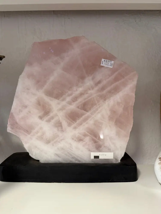 Rose Quartz Slice on Wood Stand