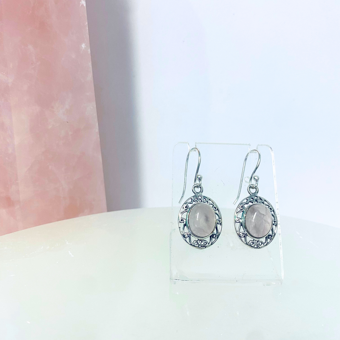 Rose Quartz Oval Silver Earrings