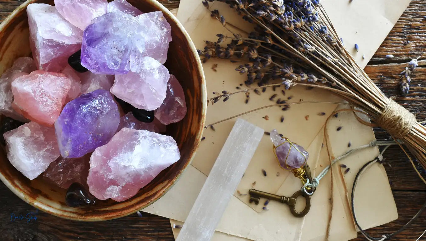 A rustic wooden bowl filled with colorful, raw crystal fragments in shades of pink and purple.