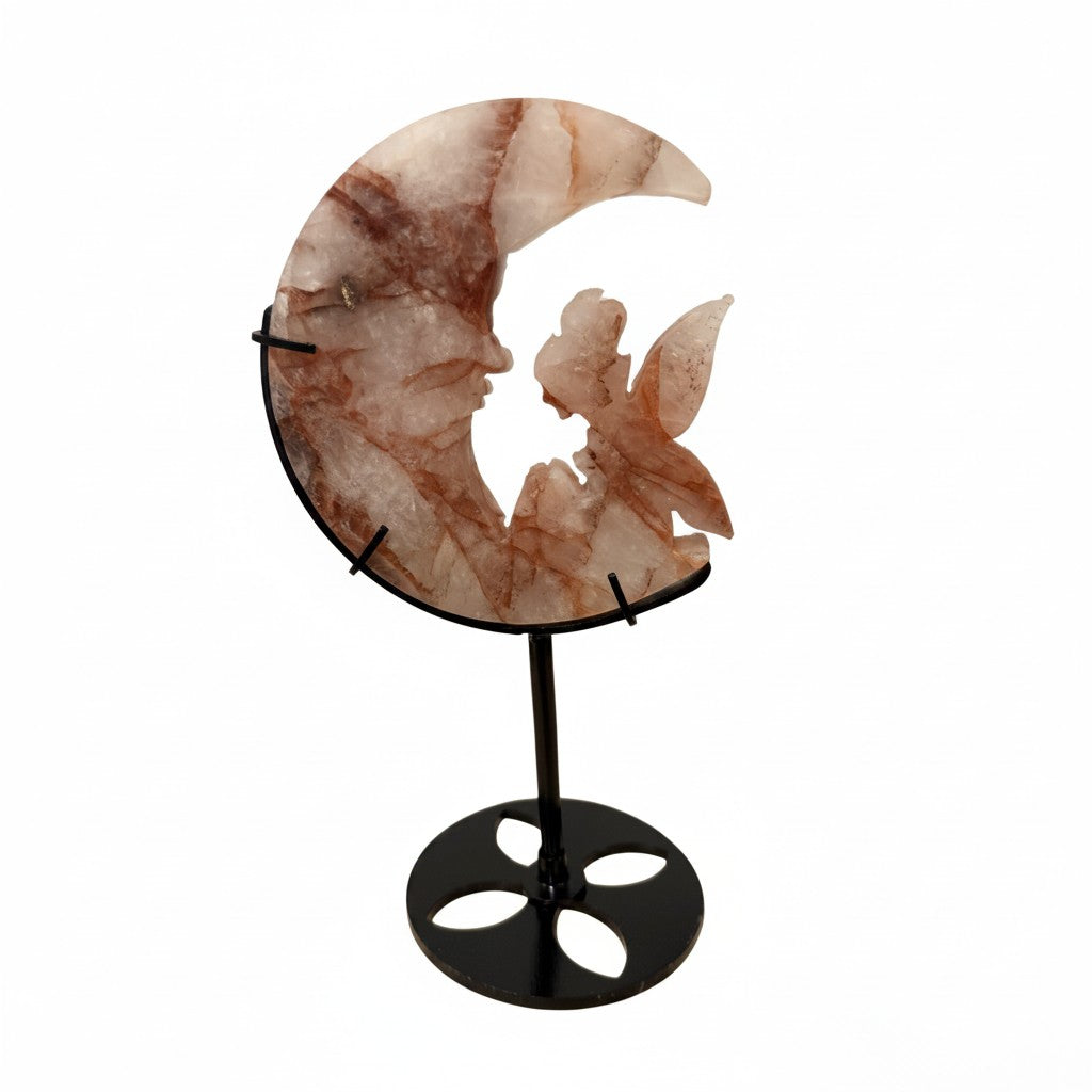 Fire Agate Fairy Crescent Moon on Metal Stand