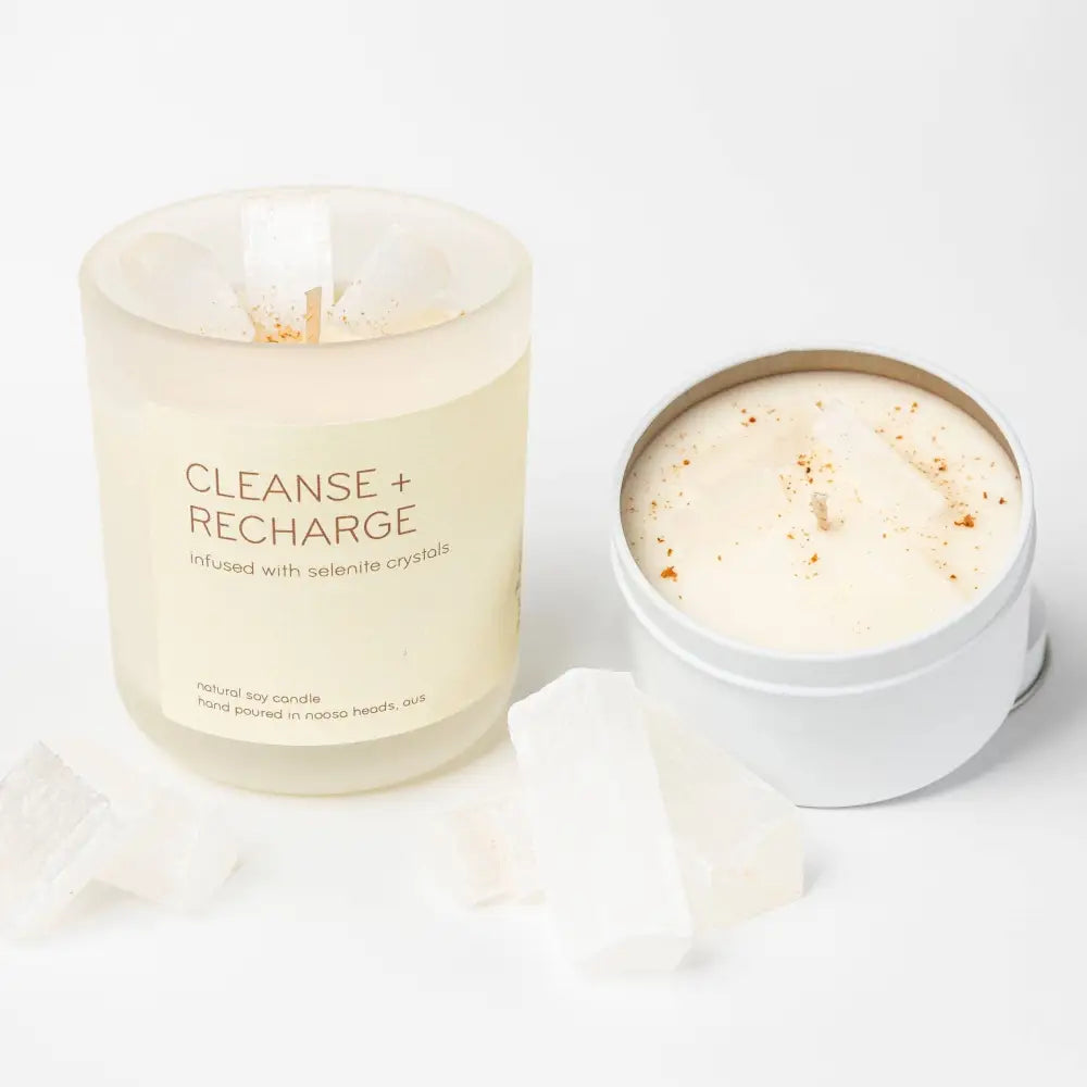 Selenite Candle - CLEANSE AND RECHARGE - Vanilla Patchouli & Sandalwood: Glass (comes in a box) crystal candle