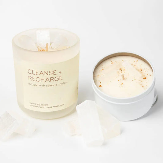 Selenite Candle - CLEANSE AND RECHARGE - Vanilla Patchouli & Sandalwood: Glass (comes in a box) crystal candle