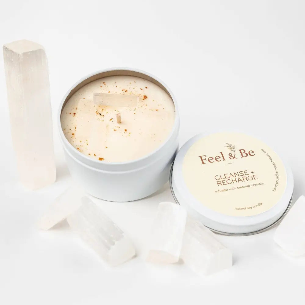 Selenite Candle - CLEANSE AND RECHARGE - Vanilla Patchouli & Sandalwood: Glass (comes in a box) crystal candle