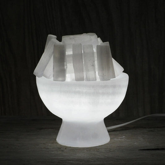 Selenite Fire Bowl Lamp with White LED Bulb