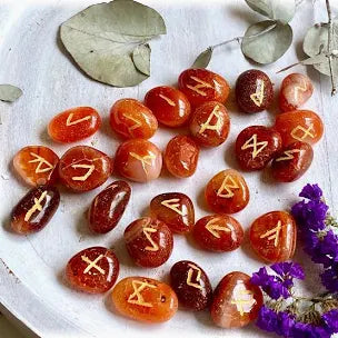 Carnelian Rune Set with Instructions and Rune Pouch