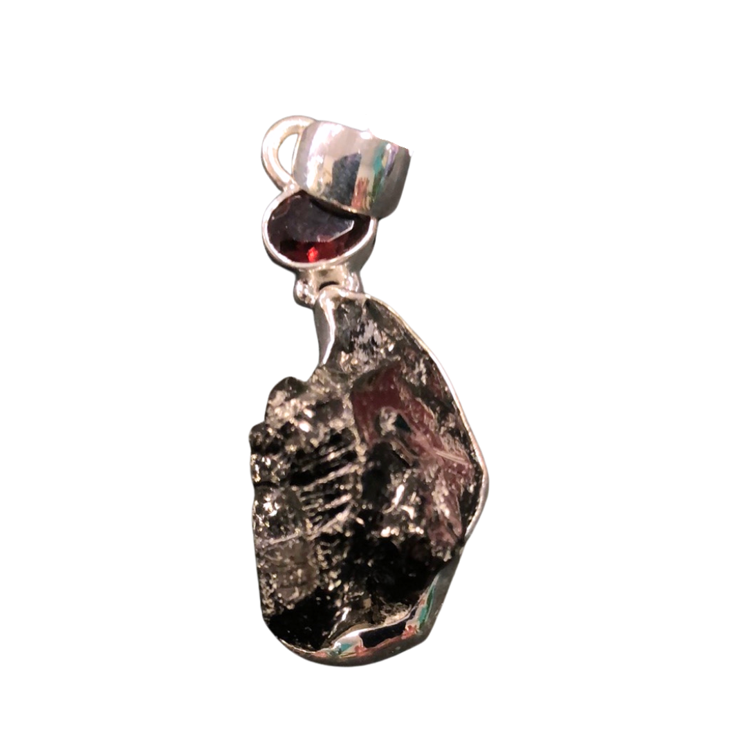 Hematite Rough and Ruby Pendant SS