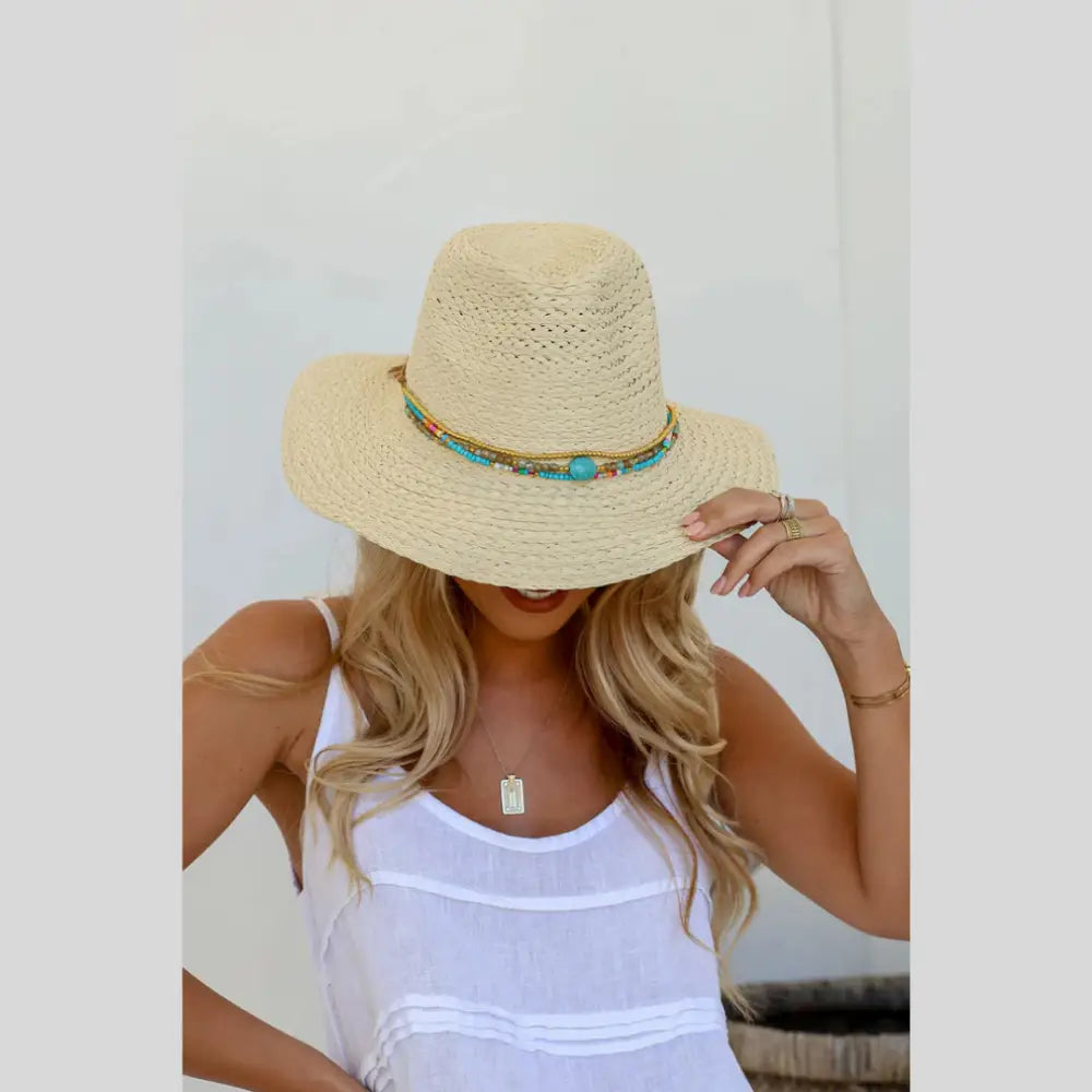 Straw Hat with Turquoise Beads Natural hat