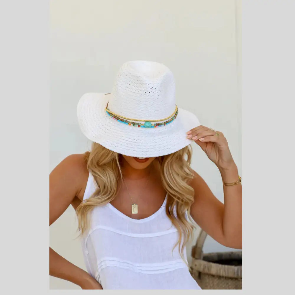 Straw Hat with Turquoise Beads White hat