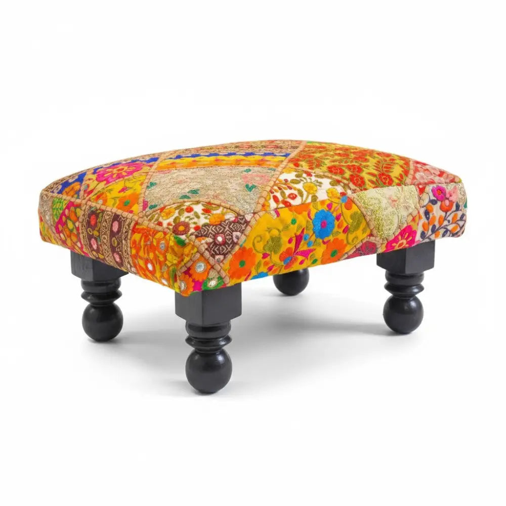 Tibetan Footstool on wood base Boho furniture