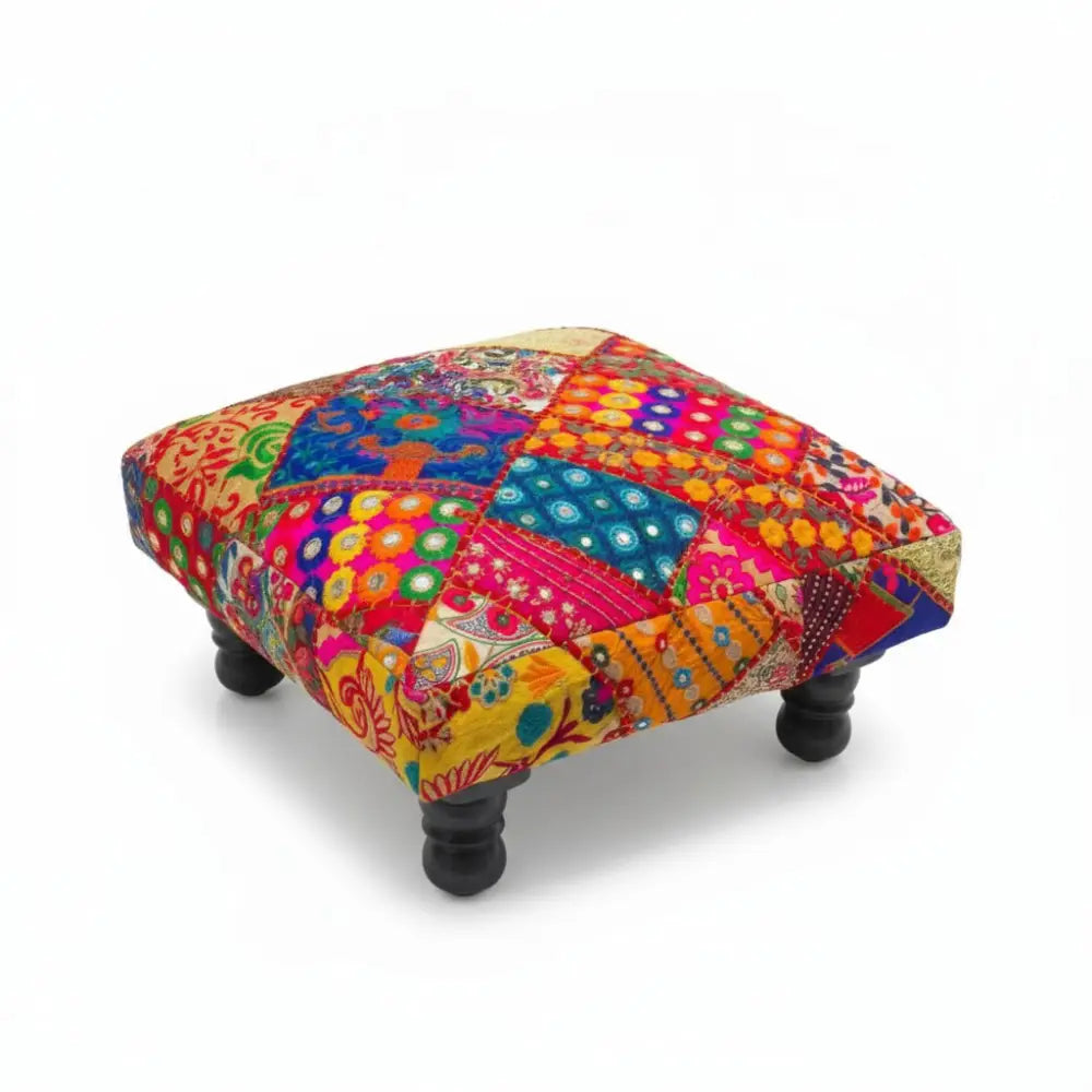 Tibetan Footstool on wood base Boho furniture