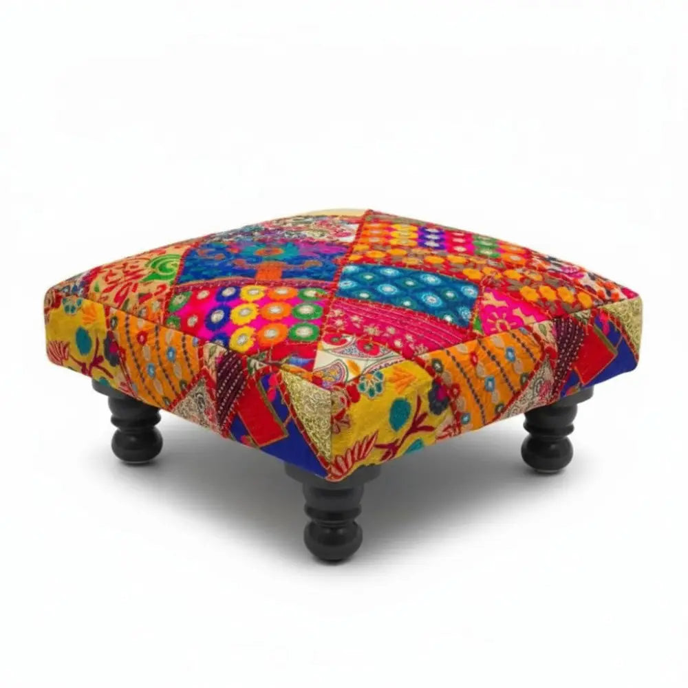 Tibetan Footstool on wood base Boho furniture