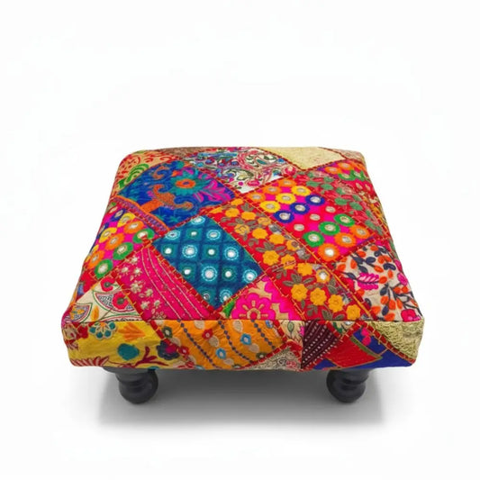 Tibetan Footstool on wood base Boho furniture