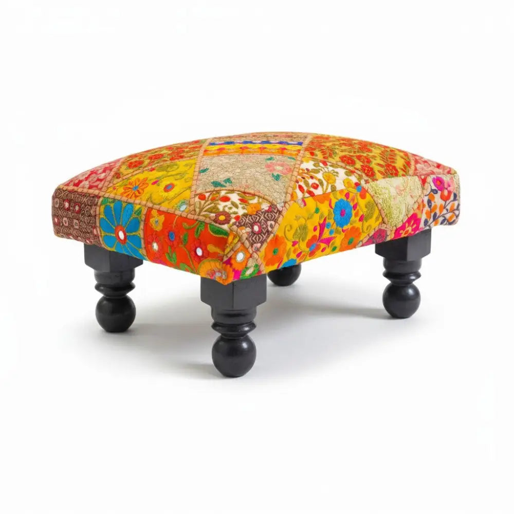 Tibetan Footstool on wood base Boho furniture
