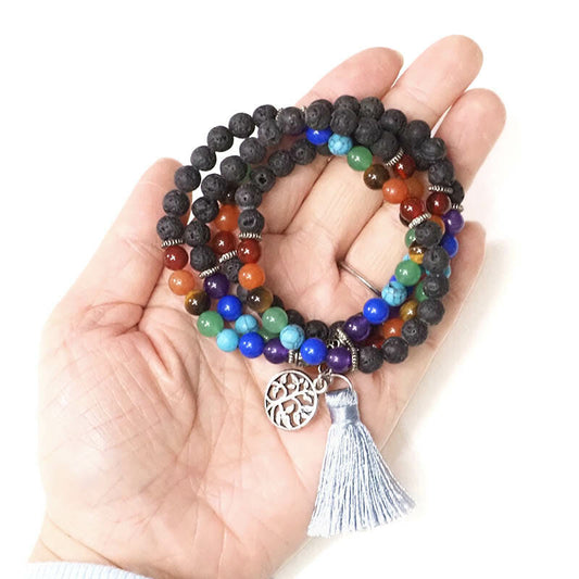 Lava Stone and Gemstones Tree of life 108 Prayer Beads