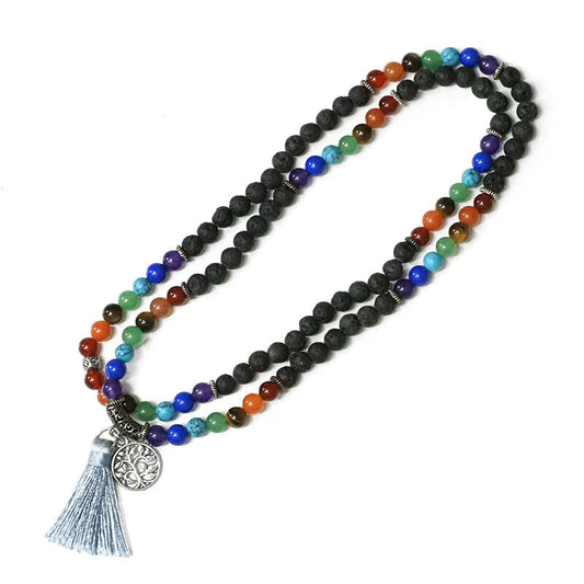 Lava Stone and Gemstones Tree of life 108 Prayer Beads