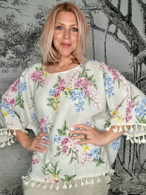 Italian Linen - WHITE MIDSOMMAR TASSEL TOP