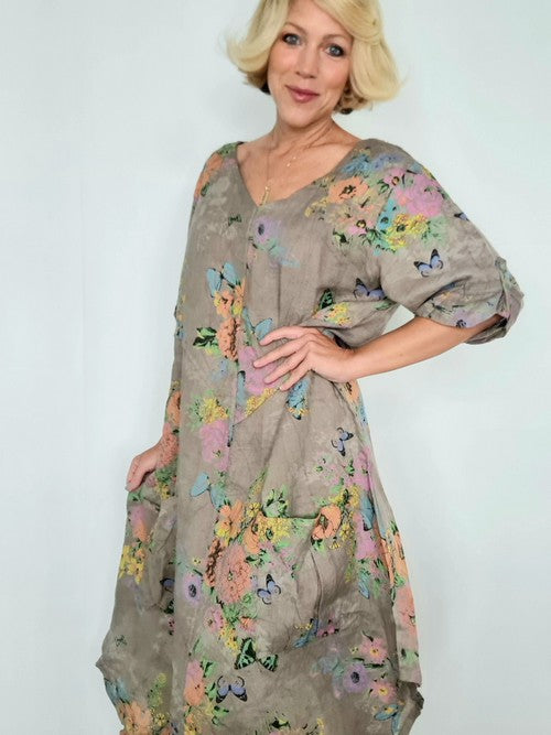 Italian Linen- MOCHA BUTTERFLY DOUBLE V-NECK DRESS