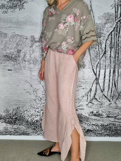 Italian Linen -  pink PLAIN LACE LEG PANT