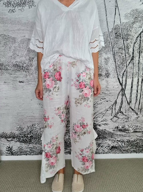 Italian Linen - WHITE HIGH TEA LACE LEG PANT