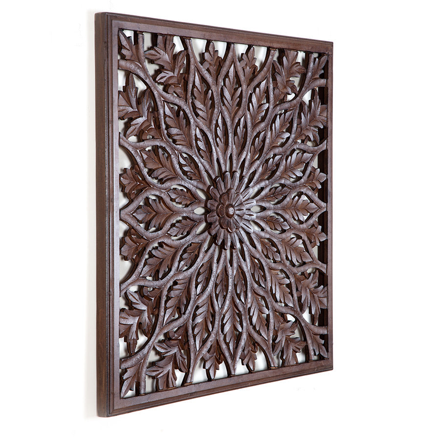 HandCarved Fleur Wood Mirrored Wall Hanging