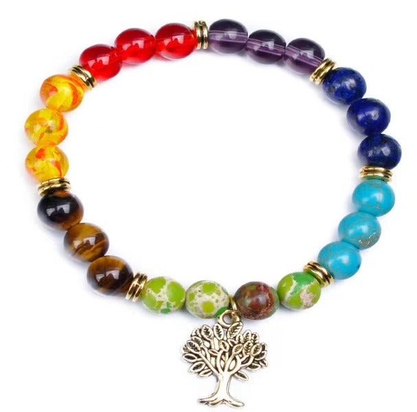 BRACELET SEVEN CHAKRA WITH TREE OF LIFE CHARM 8MM